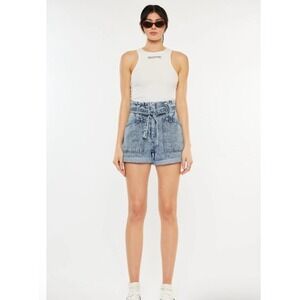 New Kancan‎ Nieve Ultra High Rise PaperBag Jean Shorts Size 11/29 Acid Wash